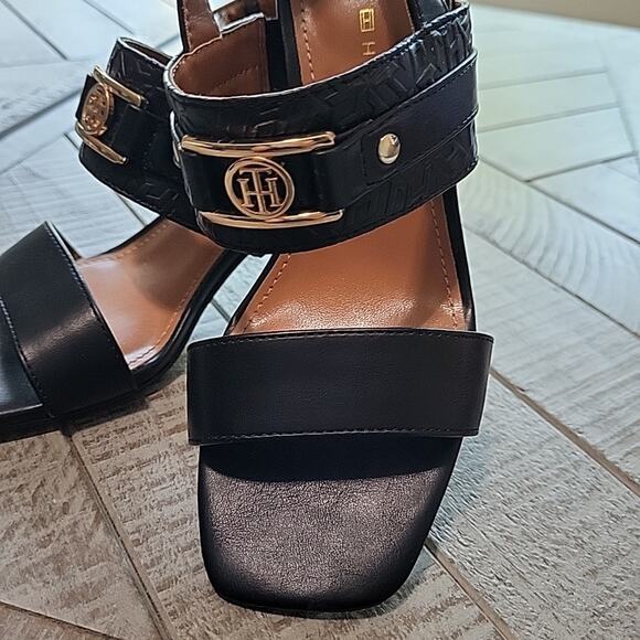 Tommy Hilfiger Women's Block Heel Slide Block Heel Gold Logo Stacked Heel - Picture 2 of 10